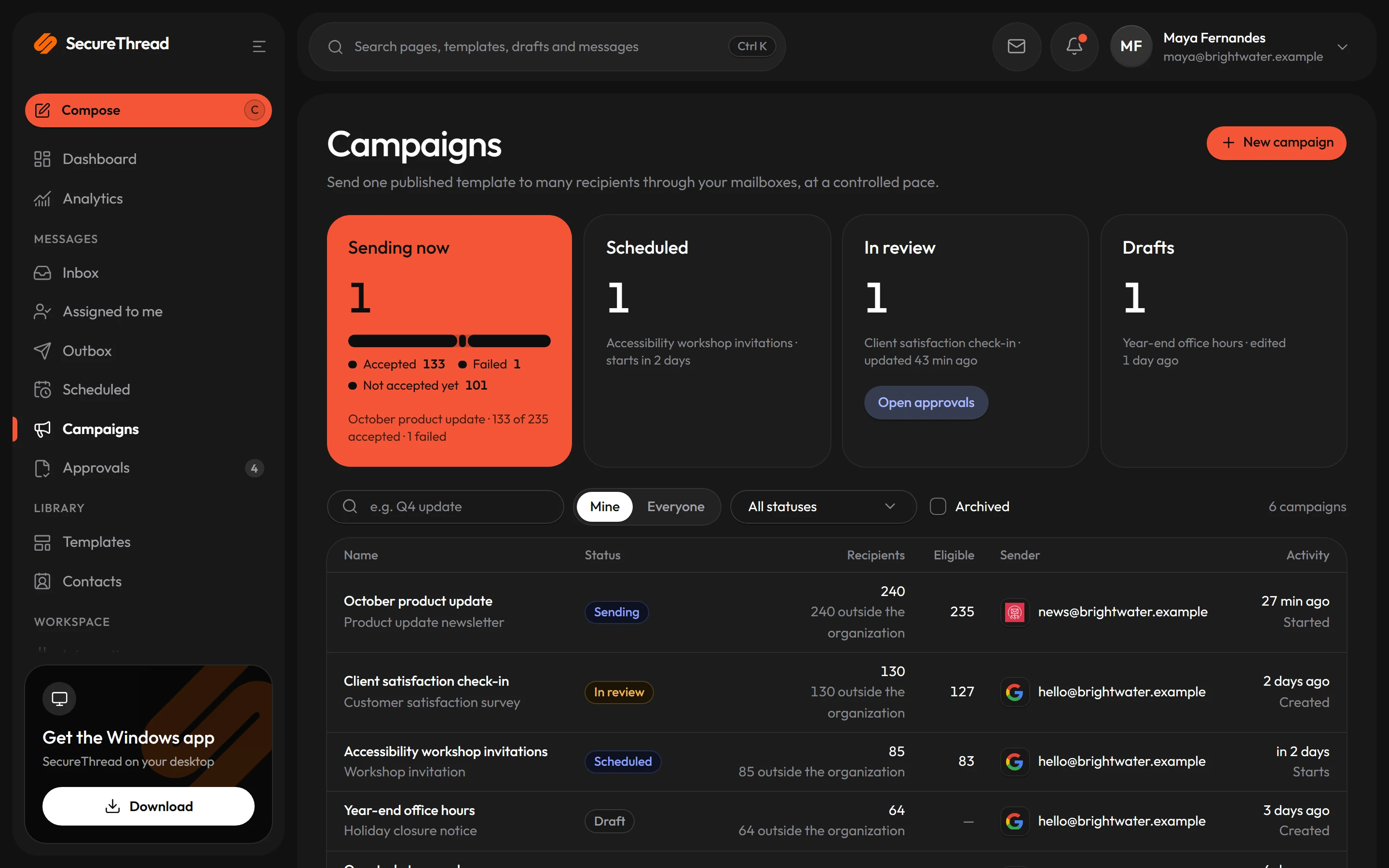 Campaigns: recipients, approval and paced release with per-recipient results