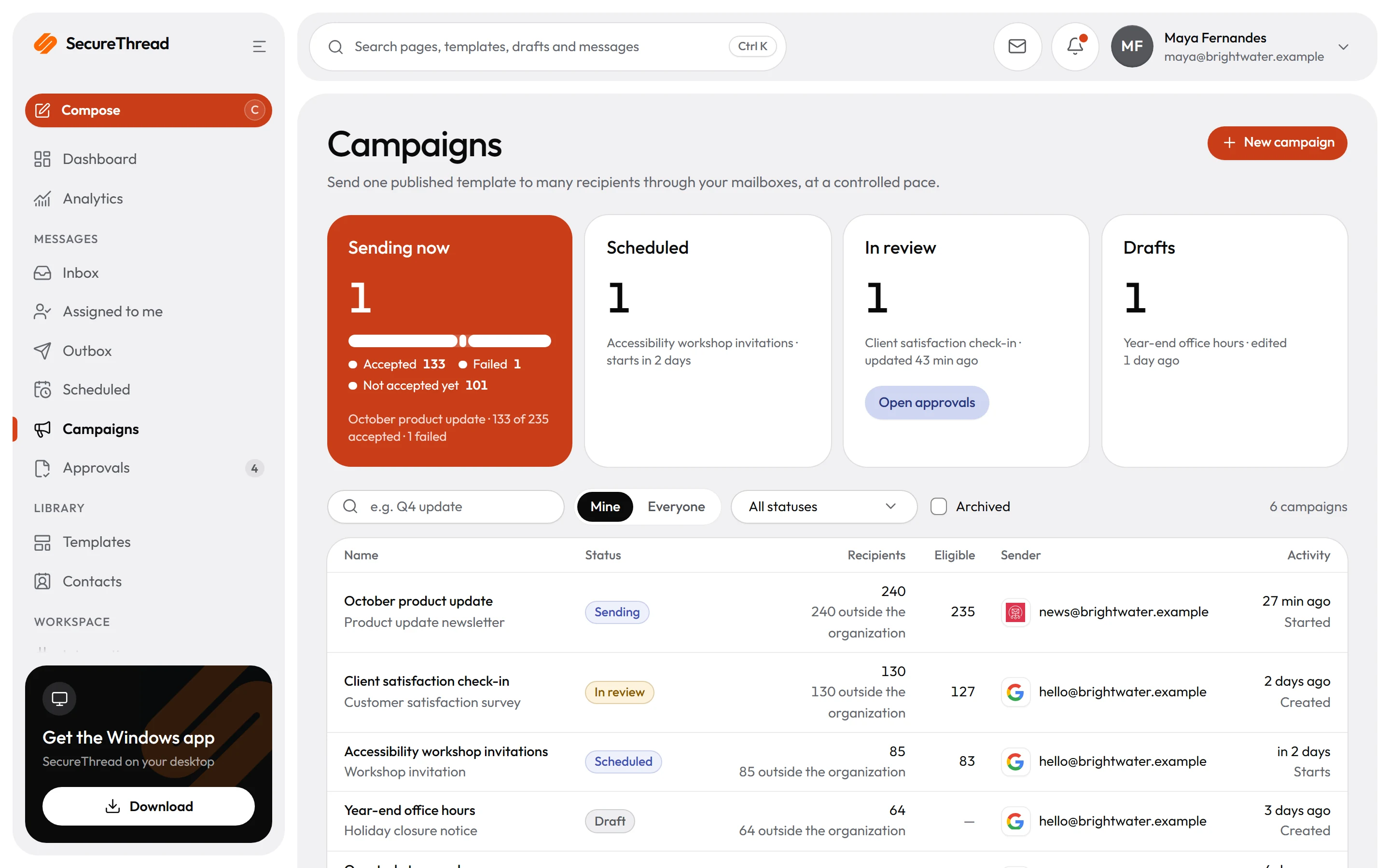Campaigns: recipients, approval and paced release with per-recipient results