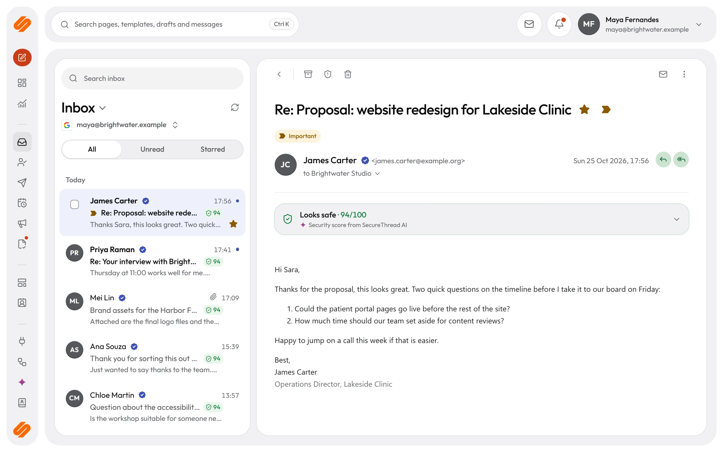 The inbox: mail from a connected mailbox, with a message open beside the list
